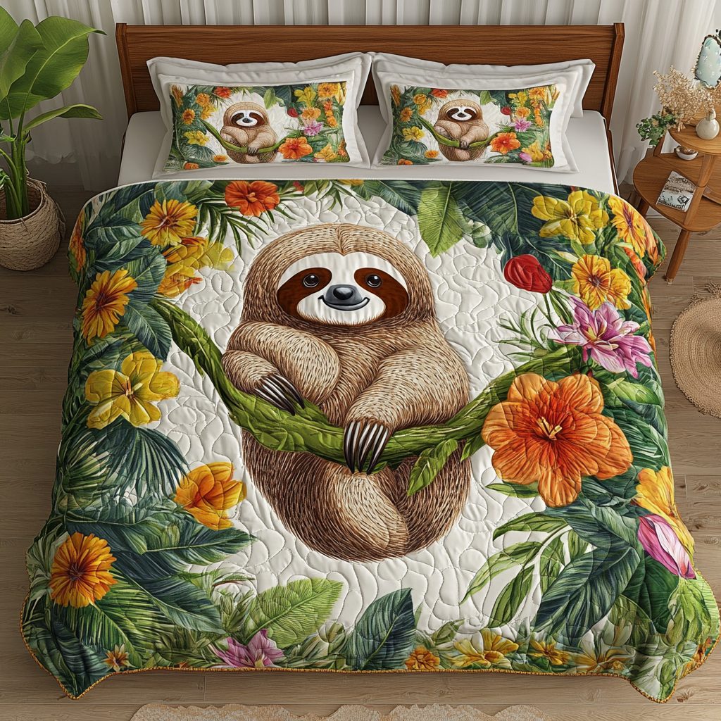 Chill Companion quilted 3-piece bedding set on a made bed with two matching pillow shams