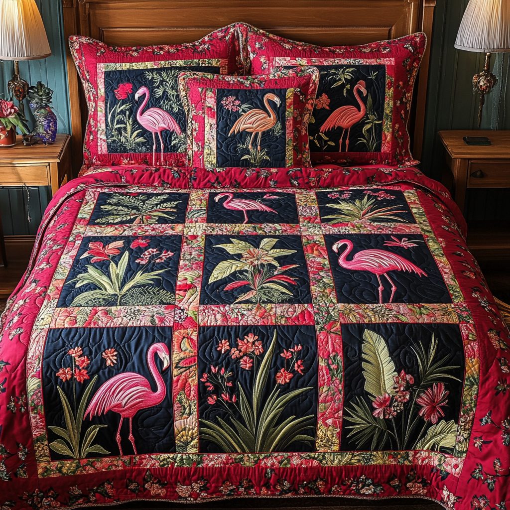 Chill Flamingo quilted 3-piece bedding set on a made bed with two matching pillow shams