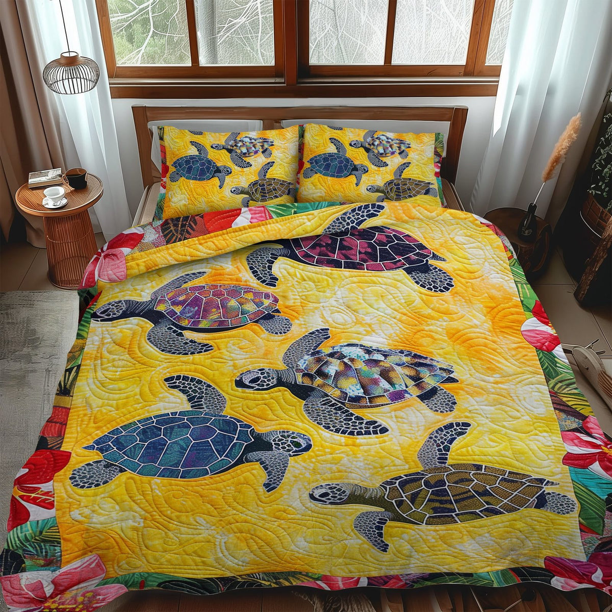 Chill Island quilted 3-piece bedding set on a made bed in a light coastal bedroom