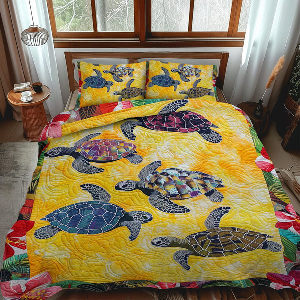 Chill Island quilted 3-piece bedding set on a made bed in a light coastal bedroom