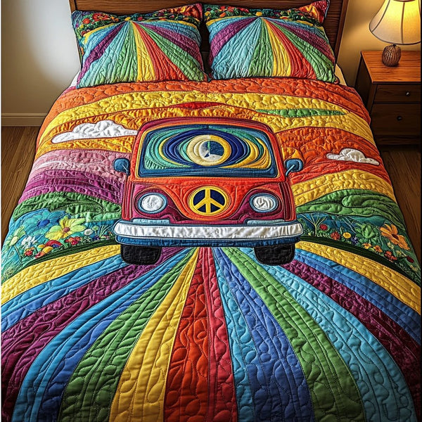 Chill Van quilted 3-piece bedding set on a made bed with two matching pillow shams