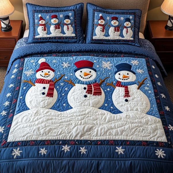 Chilly Cheer quilted 3-piece bedding set on a made bed with two matching pillow shams