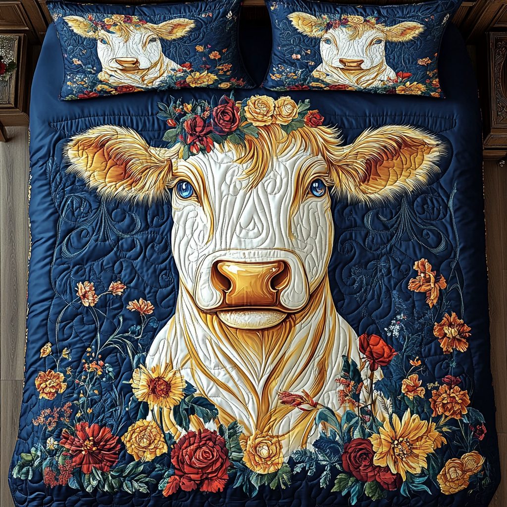 Chilly Cow quilted 3-piece bedding set on a made bed with two matching pillow shams