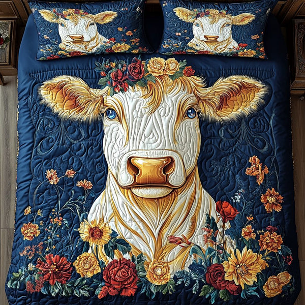 Chilly Cow quilted 3-piece bedding set on a made bed with two matching pillow shams