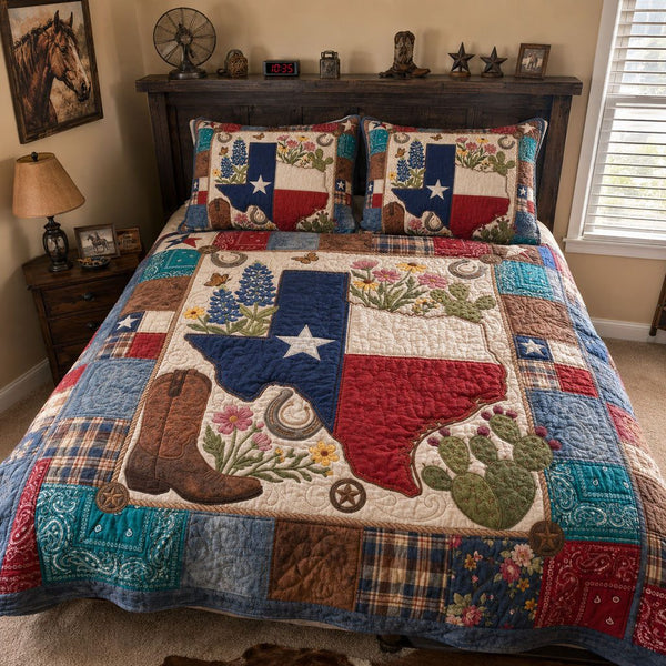 Chisholm Trail Comfort quilted 3-piece bedding set on a made bed with two matching pillow shams