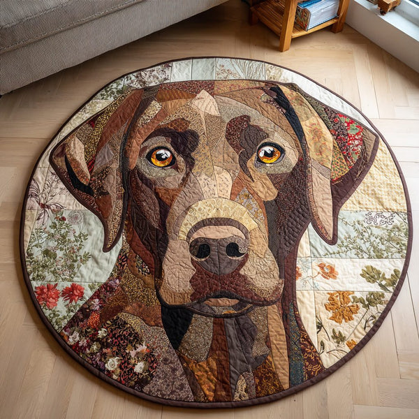 Chocolate Labrador Retriever Quilted Round Mat quilted 3-piece bedding set on a made bed with two matching pillow shams