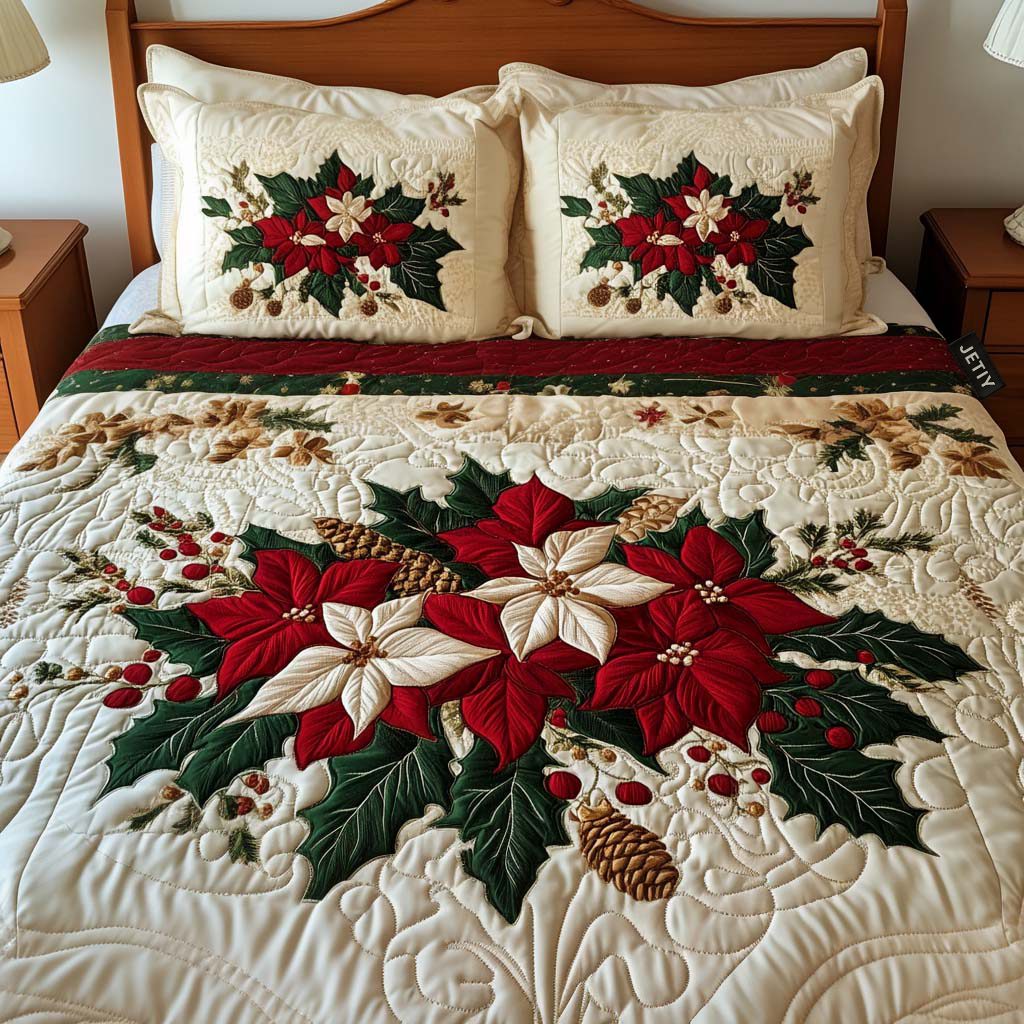 Chrismas quilted 3-piece bedding set on a made bed with two matching pillow shams