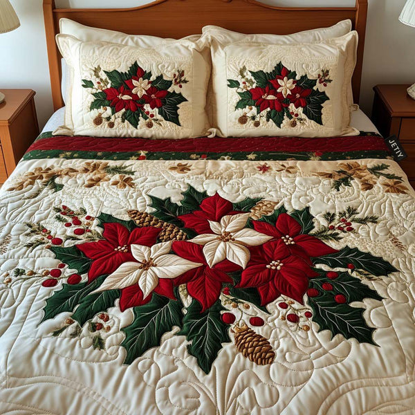 Chrismas quilted 3-piece bedding set on a made bed with two matching pillow shams