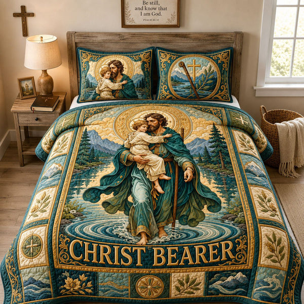 Christ Bearer Embrace Of Faith quilted 3-piece bedding set on a made bed in a softly lit bedroom