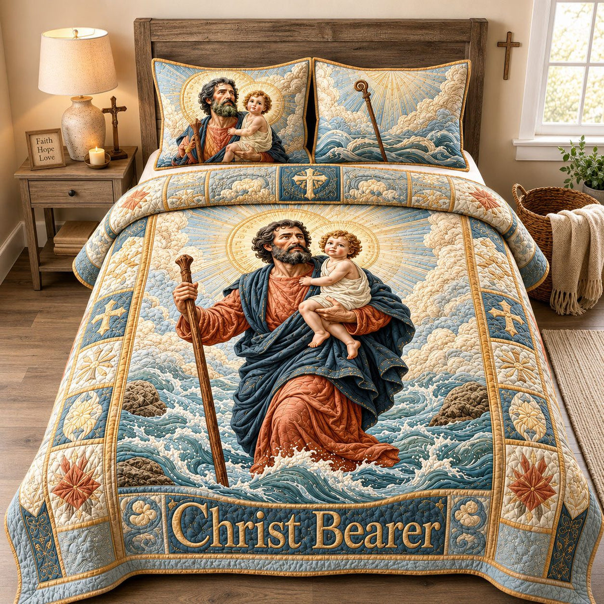 Christ Bearer Light Across The Sea quilted 3-piece bedding set on a made bed in a softly lit bedroom