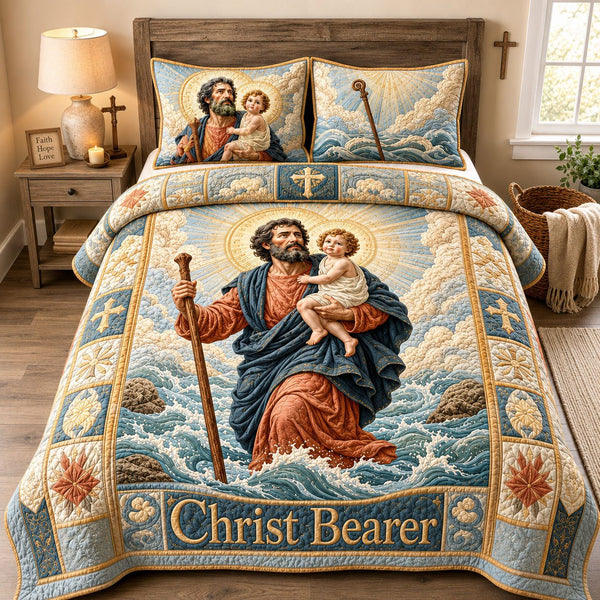 Christ Bearer Light Across The Sea quilted 3-piece bedding set on a made bed in a softly lit bedroom