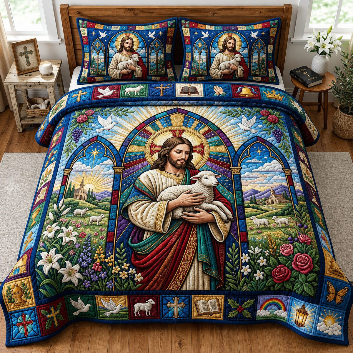 Christ the Good Shepherd quilted 3-piece bedding set on a made bed in a softly lit bedroom