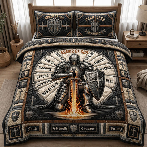 Christian Armor Of God quilted 3-piece bedding set on a made bed in a softly lit bedroom