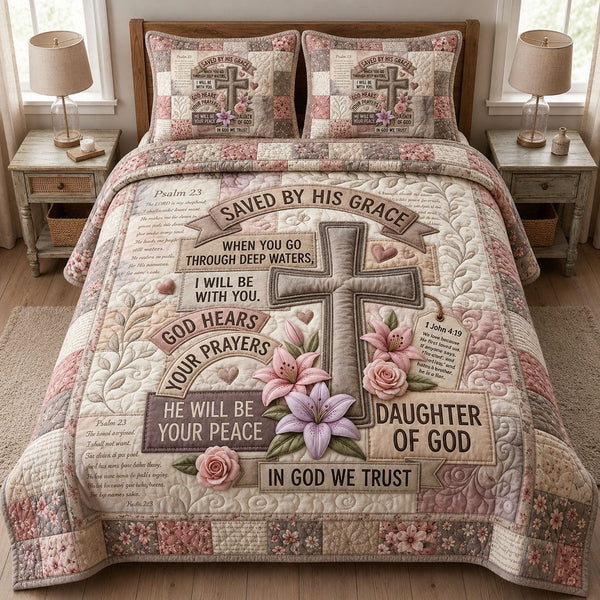 Christian Bible Verse quilted 3-piece bedding set on a made bed in a softly lit bedroom