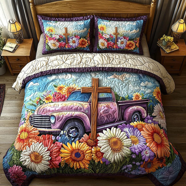 Christian Cross Garden quilted 3-piece bedding set on a made bed in a softly lit bedroom