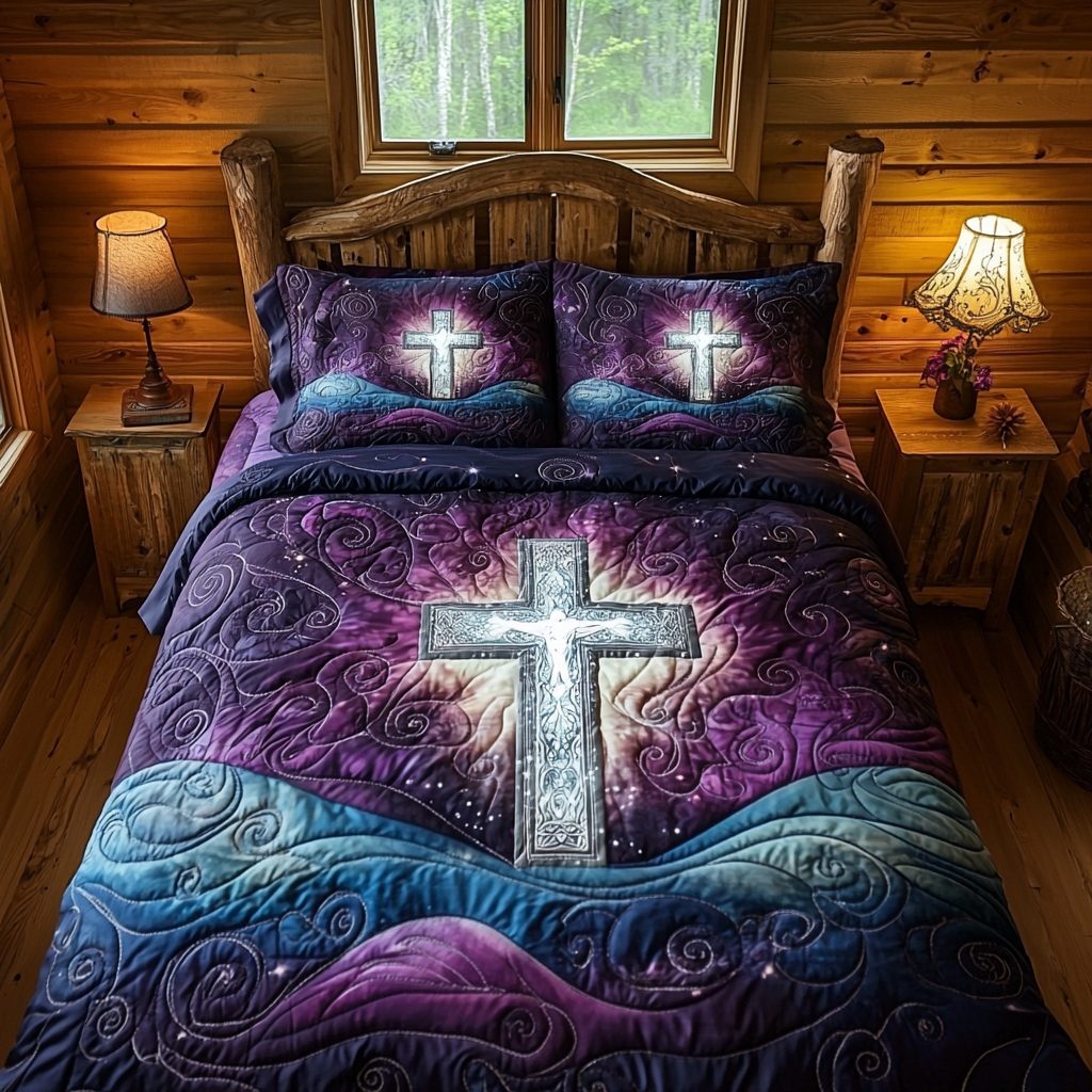 Christian Cross Grace quilted 3-piece bedding set on a made bed in a softly lit bedroom