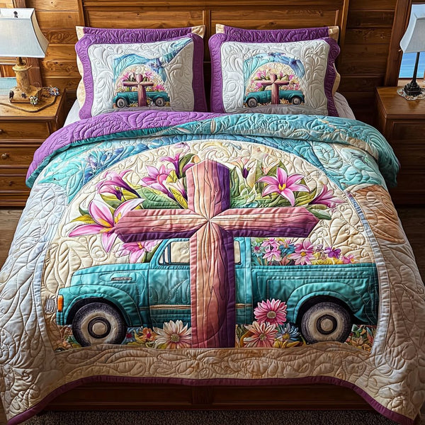 Christian Cross Journey quilted 3-piece bedding set on a made bed in a softly lit bedroom