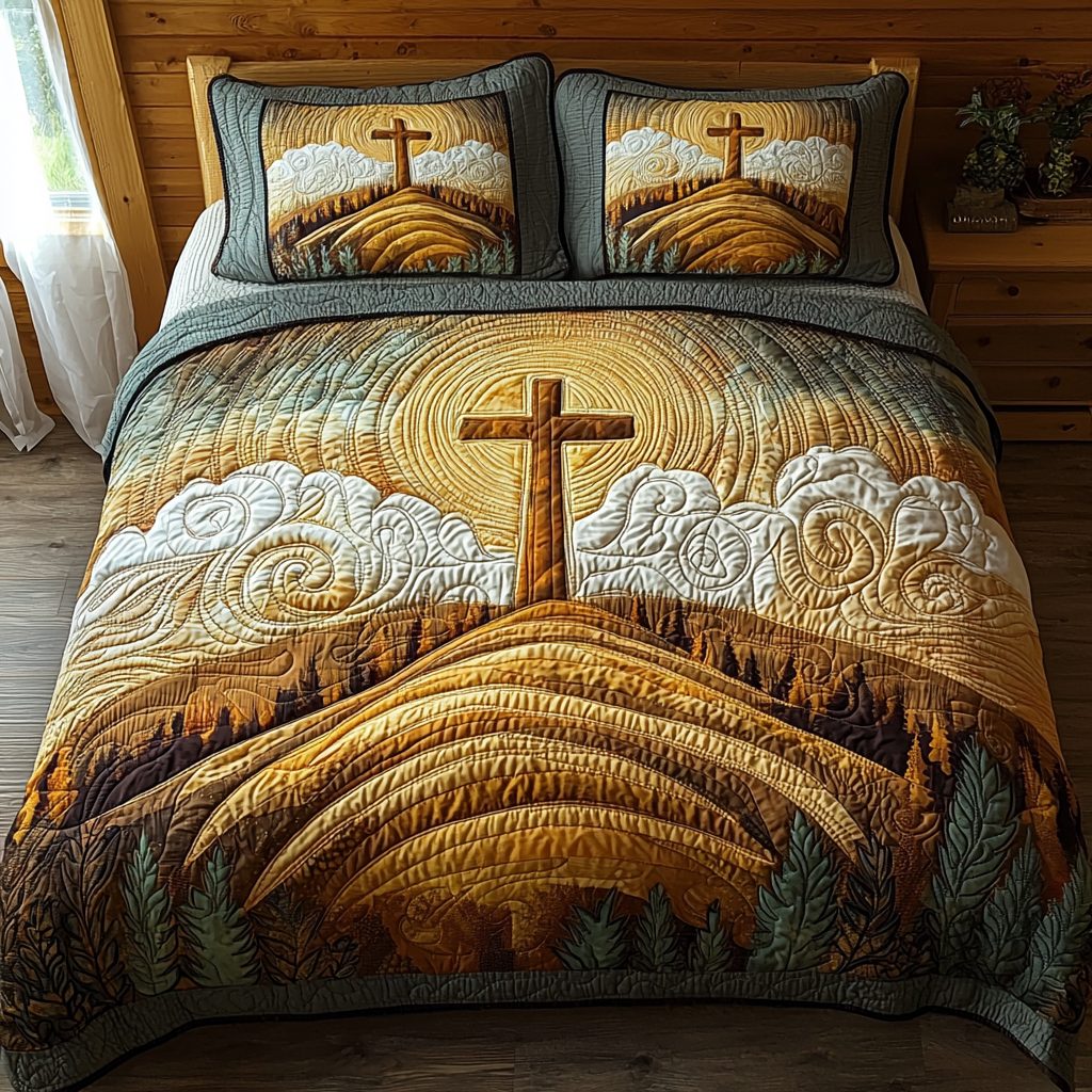 Christian Cross Sunrise quilted 3-piece bedding set on a made bed in a softly lit bedroom