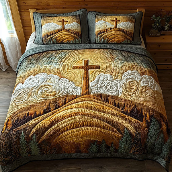 Christian Cross Sunrise quilted 3-piece bedding set on a made bed in a softly lit bedroom