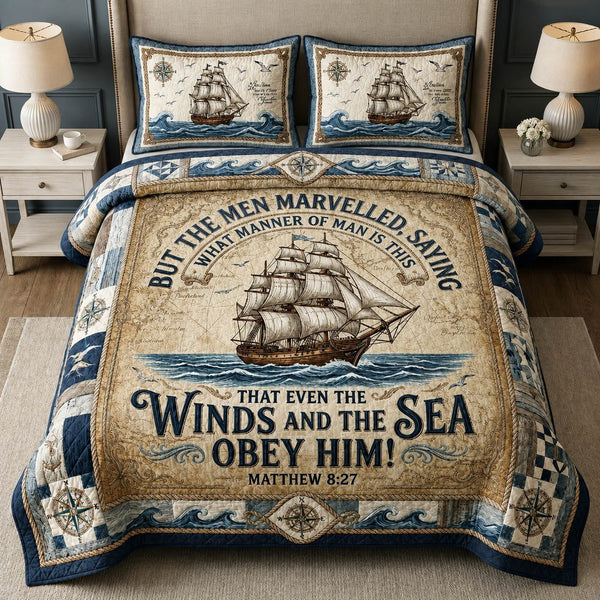 Christian Dad Nautical quilted 3-piece bedding set on a made bed in a softly lit bedroom