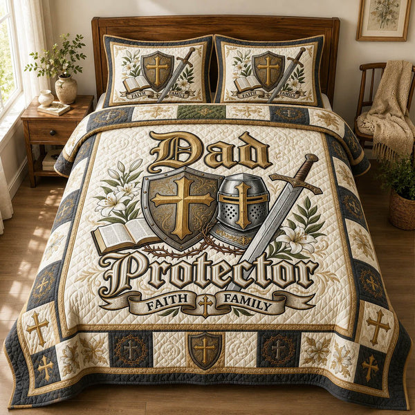 Christian Dad Protector quilted 3-piece bedding set on a made bed in a softly lit bedroom