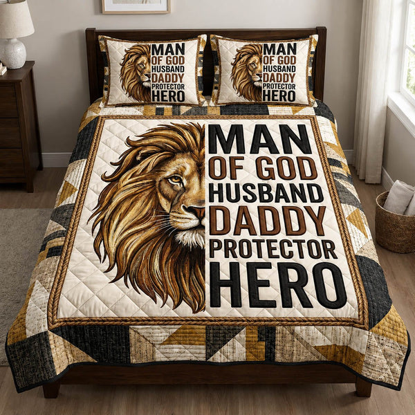 Christian Dad quilted 3-piece bedding set on a made bed in a softly lit bedroom