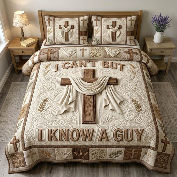 Christian Faith quilted 3-piece bedding set on a made bed in a softly lit bedroom