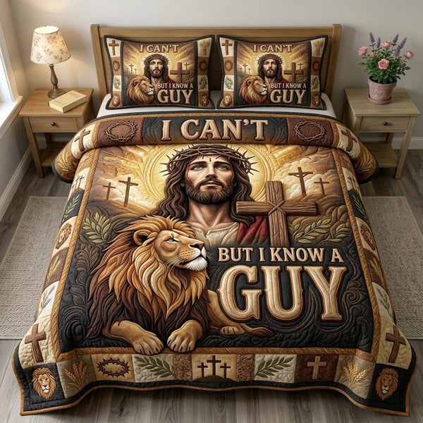 Christian Faith quilted 3-piece bedding set on a made bed in a softly lit bedroom