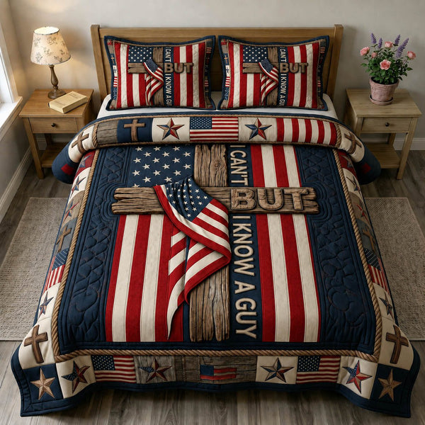 Christian Faith quilted 3-piece bedding set on a made bed in a softly lit bedroom