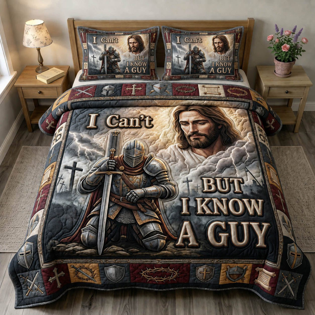 Christian Faith quilted 3-piece bedding set on a made bed in a softly lit bedroom