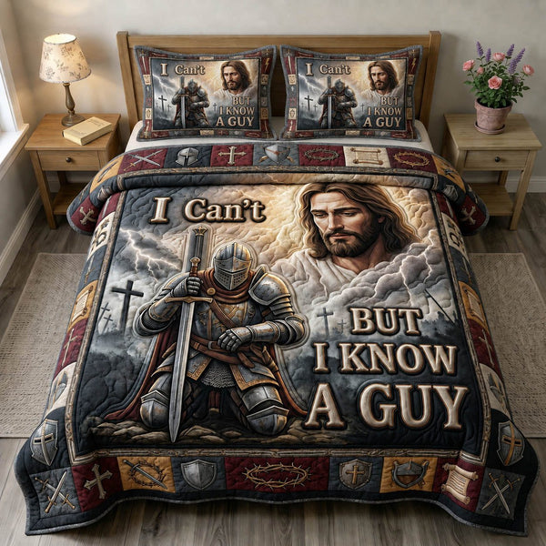 Christian Faith quilted 3-piece bedding set on a made bed in a softly lit bedroom