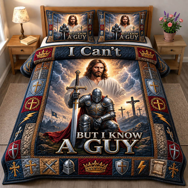 Christian Faith quilted 3-piece bedding set on a made bed in a softly lit bedroom