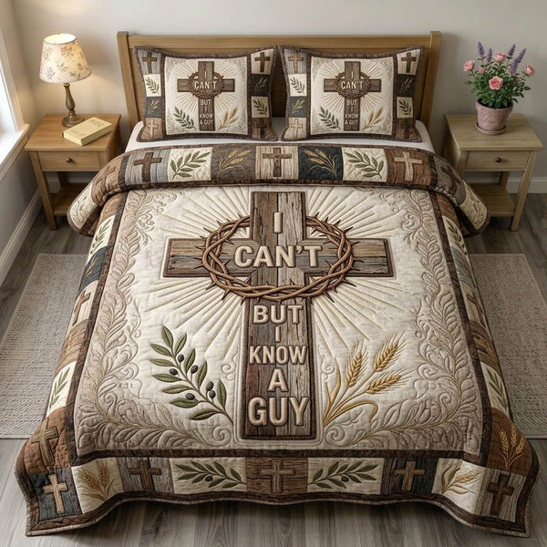 Christian Faith quilted 3-piece bedding set on a made bed in a softly lit bedroom