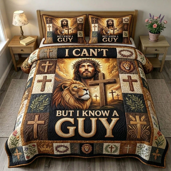 Christian Faith quilted 3-piece bedding set on a made bed in a softly lit bedroom