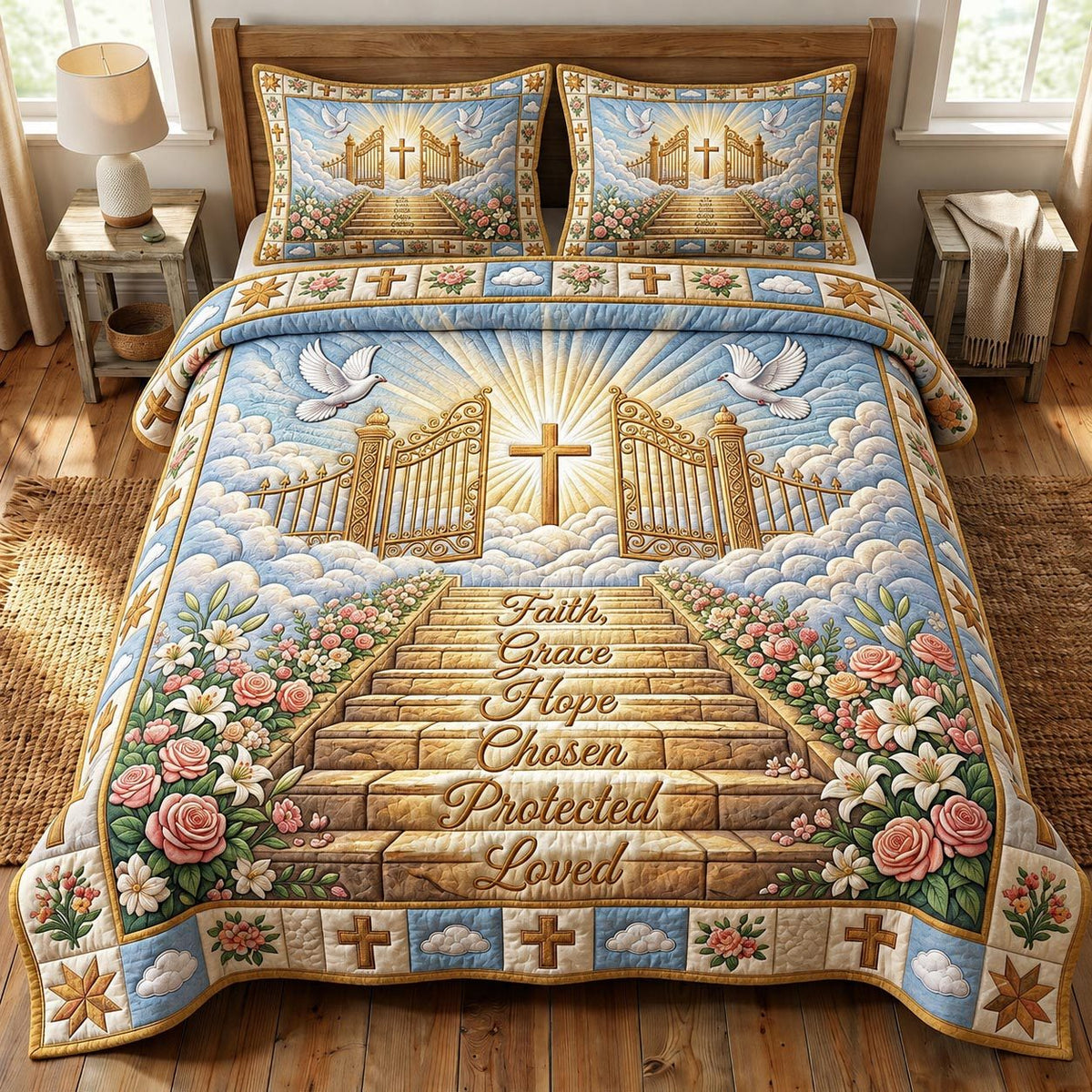 Christian Faith quilted 3-piece bedding set on a made bed in a softly lit bedroom