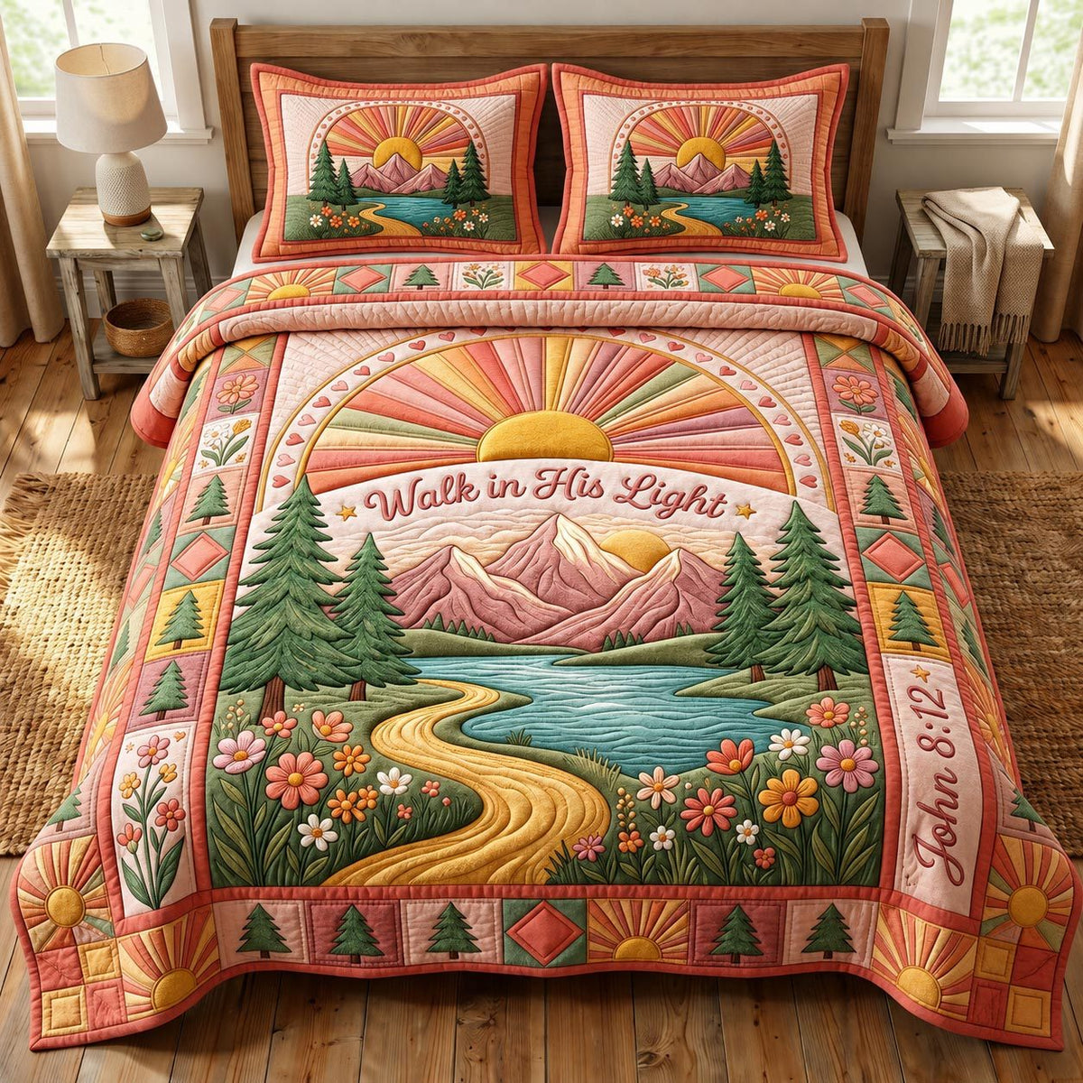 Christian Faith quilted 3-piece bedding set on a made bed in a softly lit bedroom