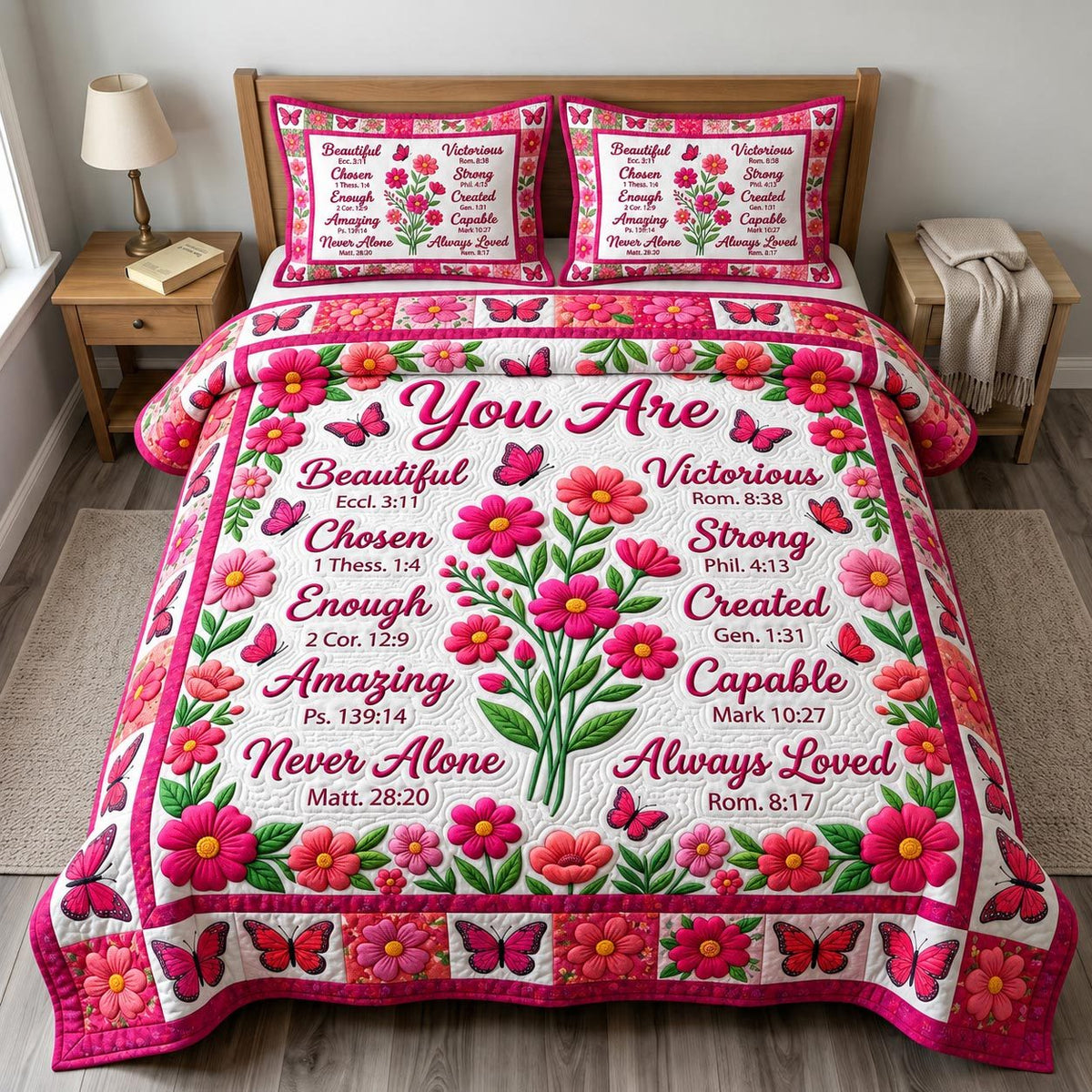 Christian Faith quilted 3-piece bedding set on a made bed in a softly lit bedroom