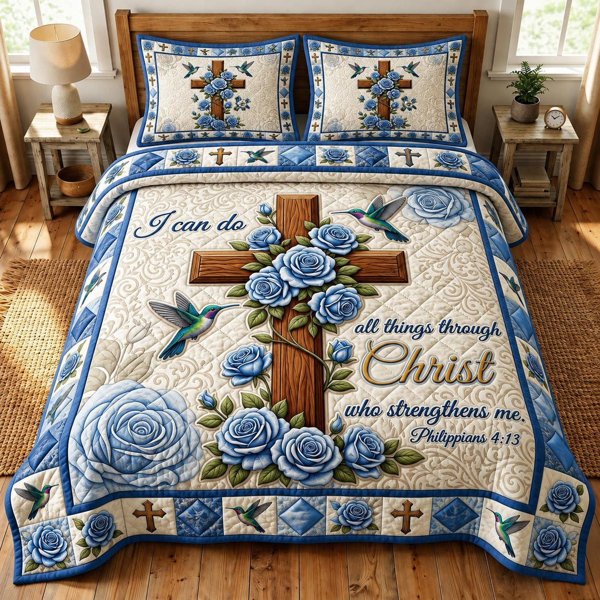 Christian Faith quilted 3-piece bedding set on a made bed in a softly lit bedroom