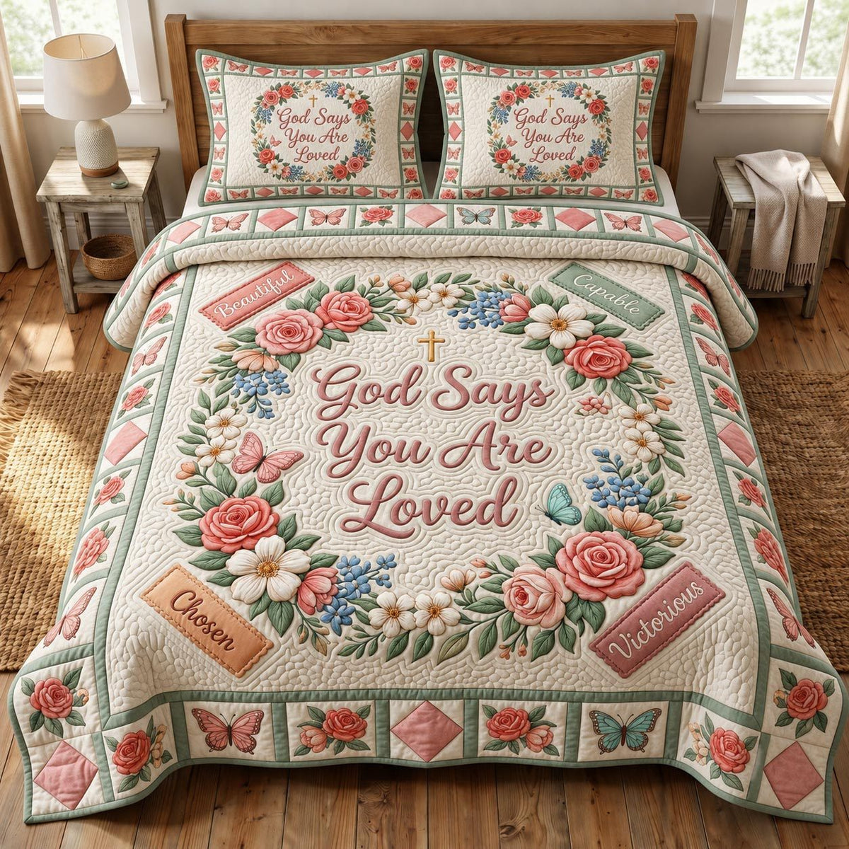 Christian Faith quilted 3-piece bedding set on a made bed in a softly lit bedroom