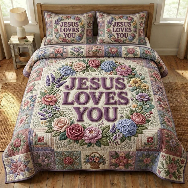 Christian Faith quilted 3-piece bedding set on a made bed in a softly lit bedroom