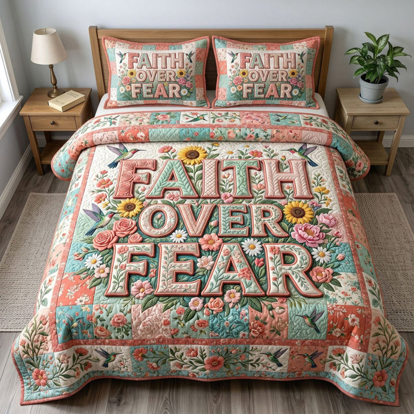 Christian Faith quilted 3-piece bedding set on a made bed in a softly lit bedroom