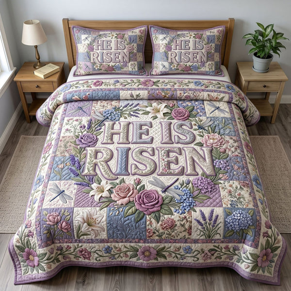Christian Faith quilted 3-piece bedding set on a made bed in a softly lit bedroom