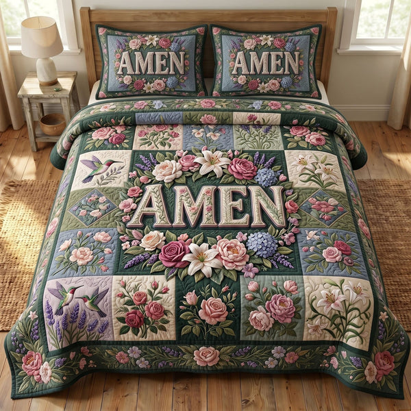 Christian Faith quilted 3-piece bedding set on a made bed in a softly lit bedroom