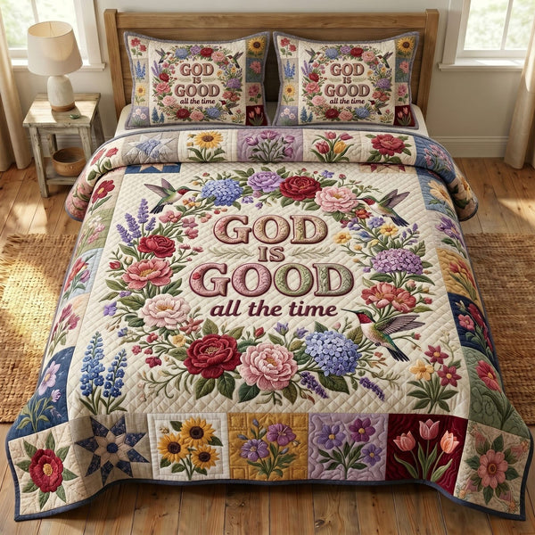 Christian Faith quilted 3-piece bedding set on a made bed in a softly lit bedroom
