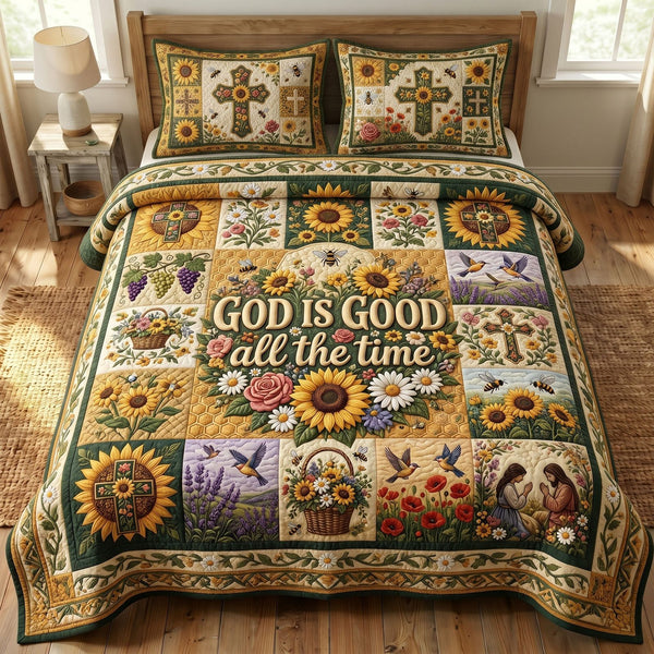 Christian Faith quilted 3-piece bedding set on a made bed in a softly lit bedroom