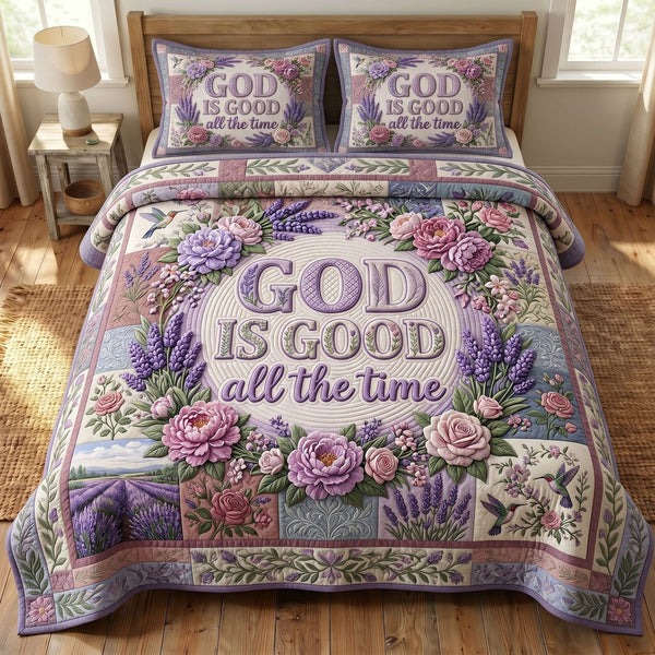 Christian Faith quilted 3-piece bedding set on a made bed in a softly lit bedroom