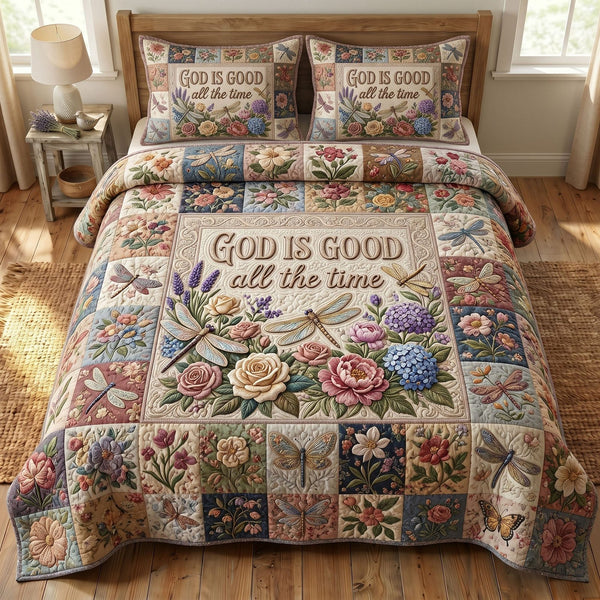 Christian Faith quilted 3-piece bedding set on a made bed in a softly lit bedroom