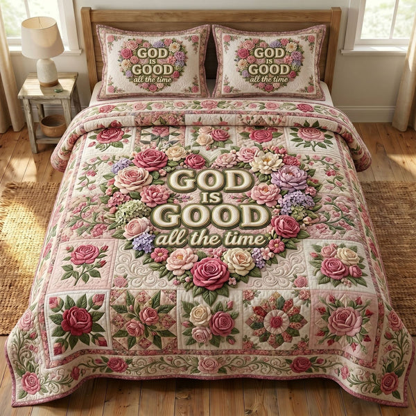 Christian Faith quilted 3-piece bedding set on a made bed in a softly lit bedroom