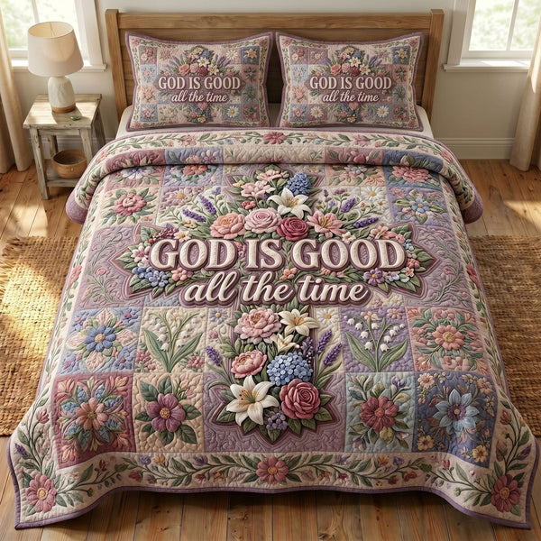 Christian Faith quilted 3-piece bedding set on a made bed in a softly lit bedroom