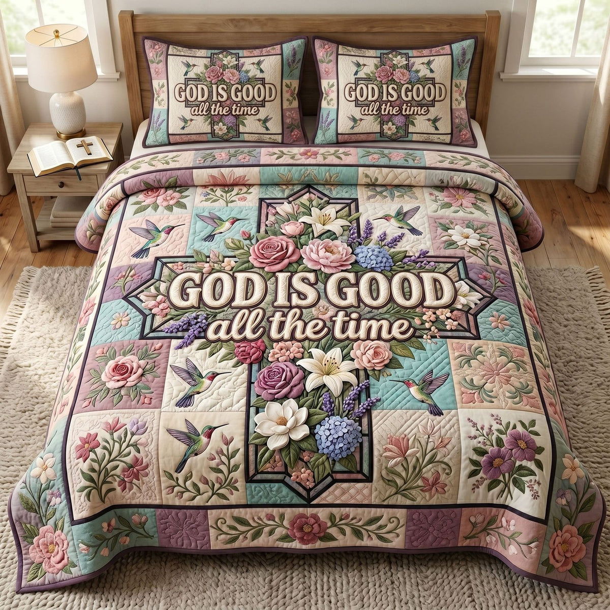 Christian Faith quilted 3-piece bedding set on a made bed in a softly lit bedroom